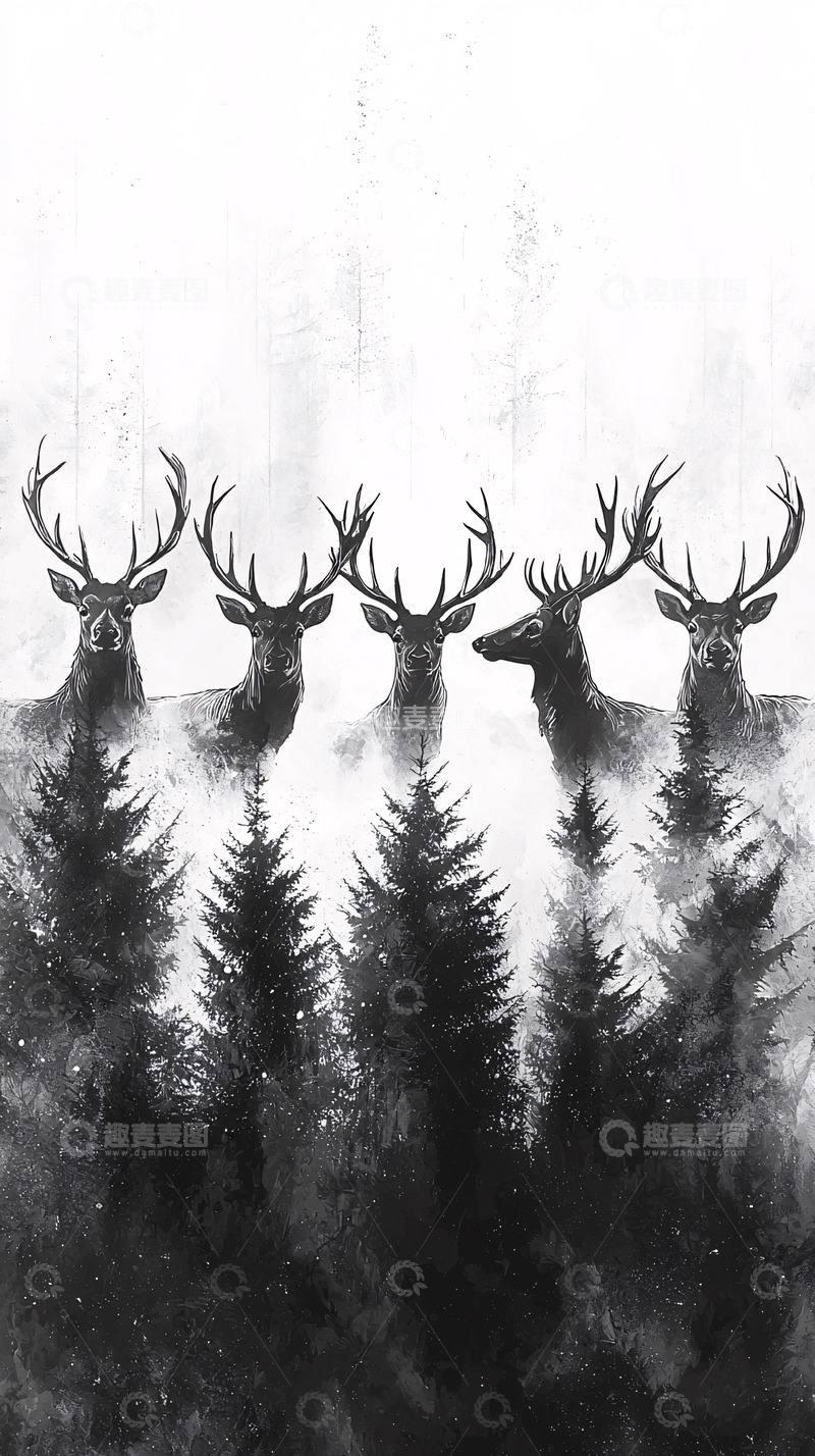 高清大图下载【趣麦麦图】五只鹿黑白森林图