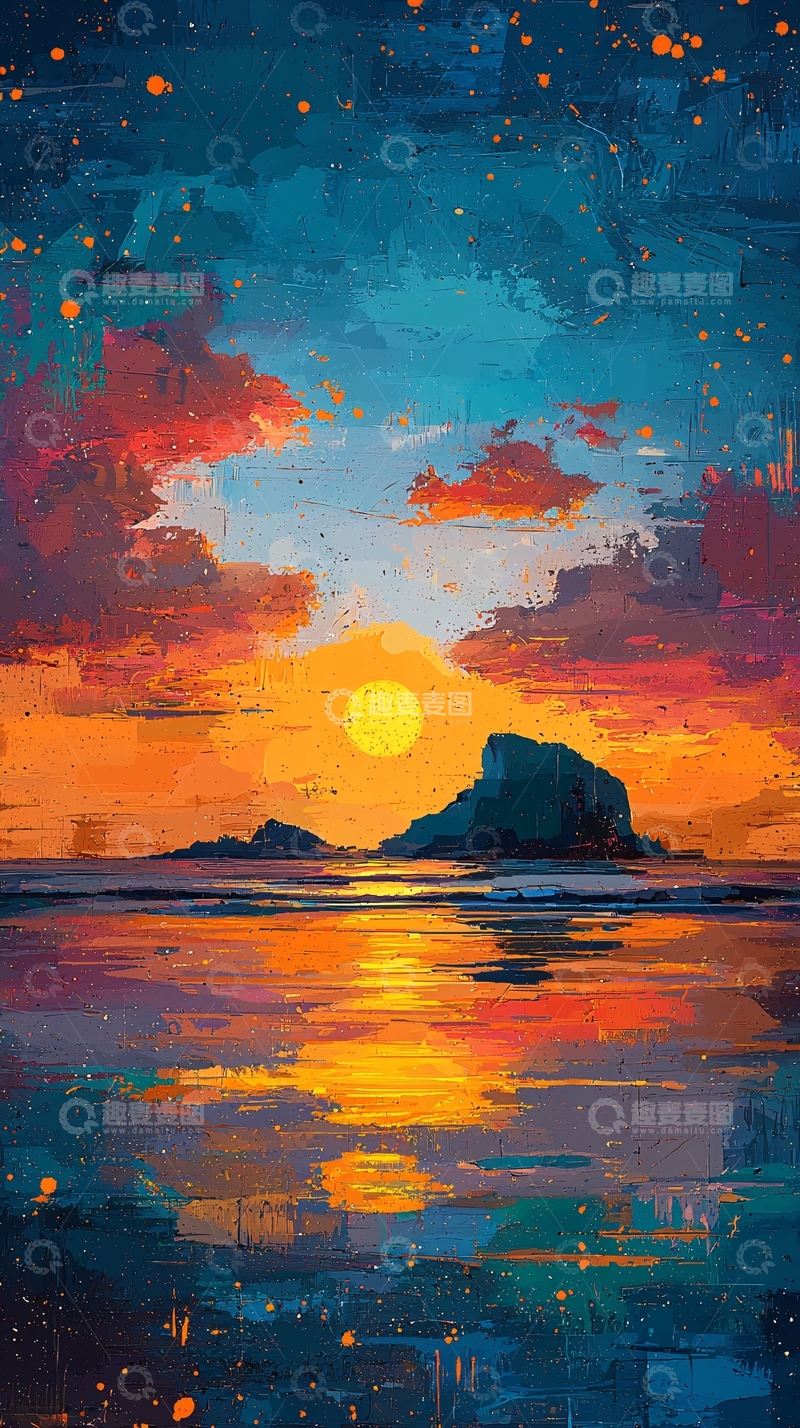 高清大图下载【趣麦麦图】极简主义日落海景油画