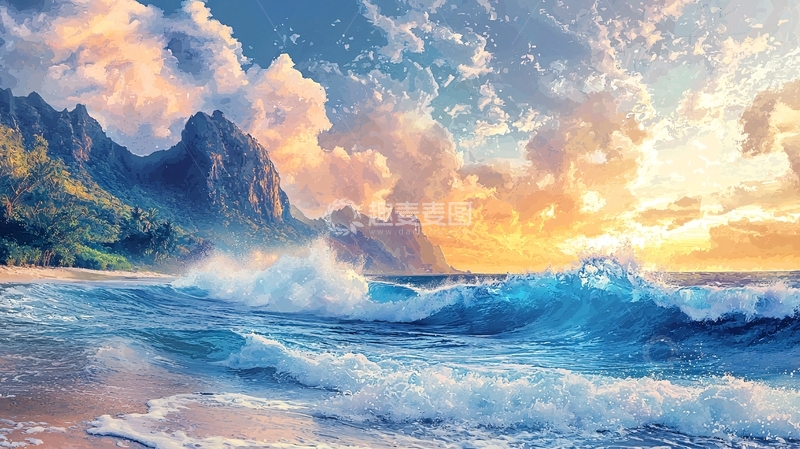 高清大图下载【趣麦麦图】海边日落山峰美景