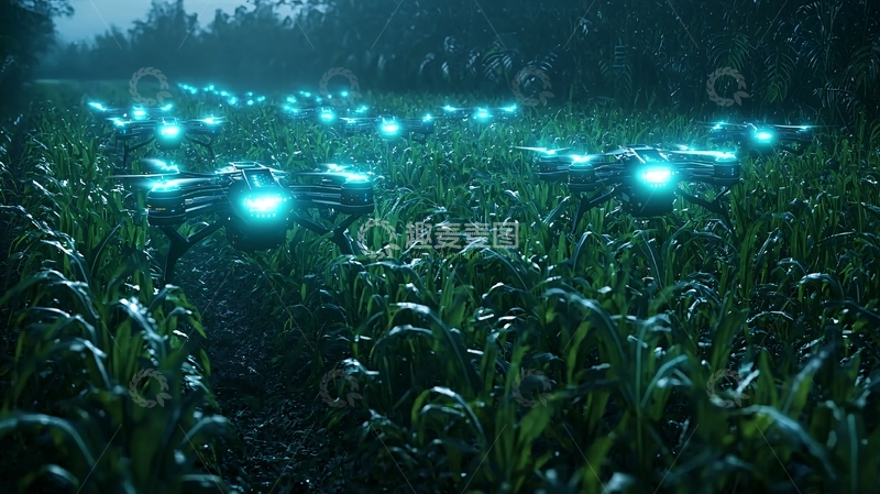 高清大图下载【趣麦麦图】夜幕下的发光无人机田野