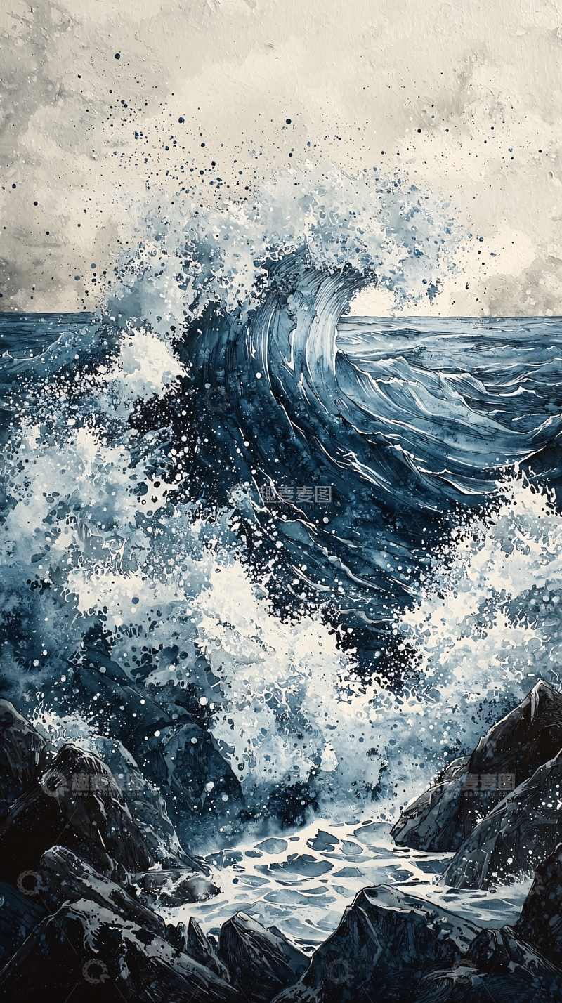 高清大图下载【趣麦麦图】巨浪拍打岩石