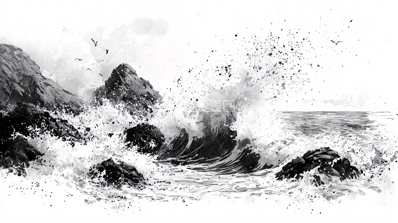 高清大图下载【趣麦麦图】黑白海浪拍打岩石