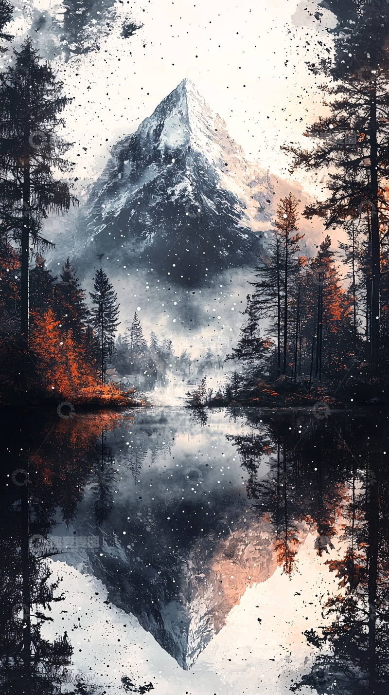 高清大图下载【趣麦麦图】雪山湖泊倒影