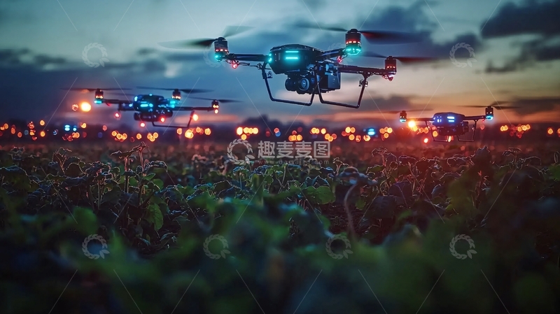 高清大图下载【趣麦麦图】夜幕下农田上空飞行的无人机