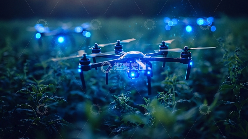 高清大图下载【趣麦麦图】夜晚田野无人机群