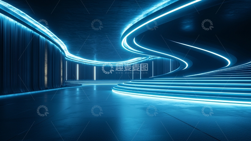 高清大图下载【趣麦麦图】蓝色霓虹灯科技感走廊