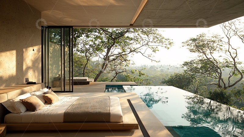 高清大图下载【趣麦麦图】极简风卧室无边泳池景观