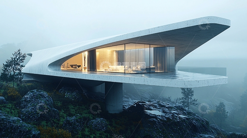 高清大图下载【趣麦麦图】雾气缭绕的现代建筑