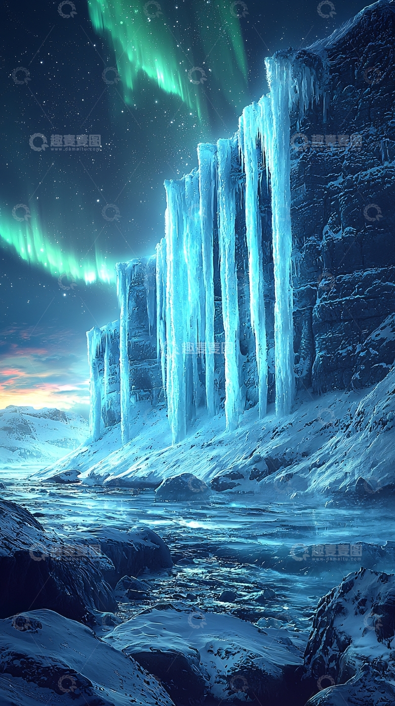 高清大图下载【趣麦麦图】极光下的冰崖瀑布
