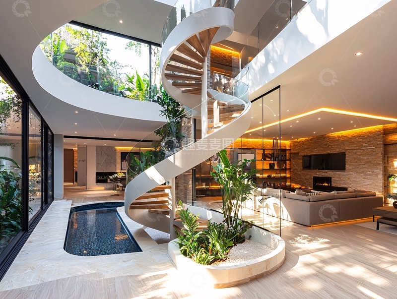 高清大图下载【趣麦麦图】现代别墅室内旋转楼梯