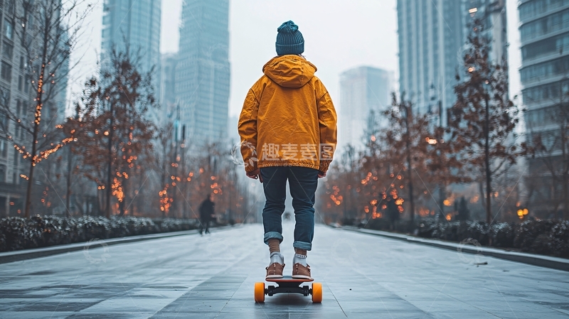 高清大图下载【趣麦麦图】城市道路上的滑板少年