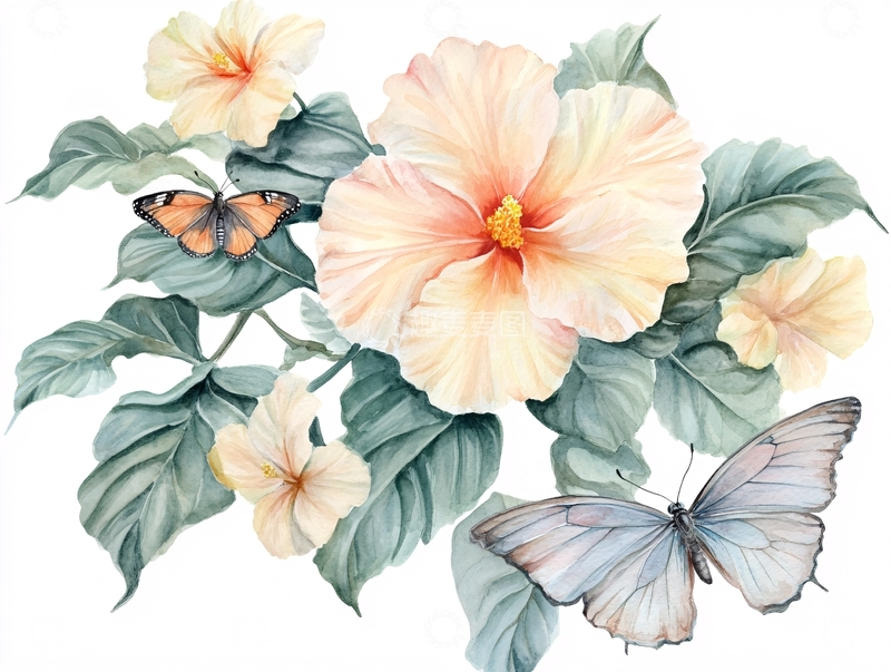 高清大图下载【趣麦麦图】水彩花卉蝴蝶