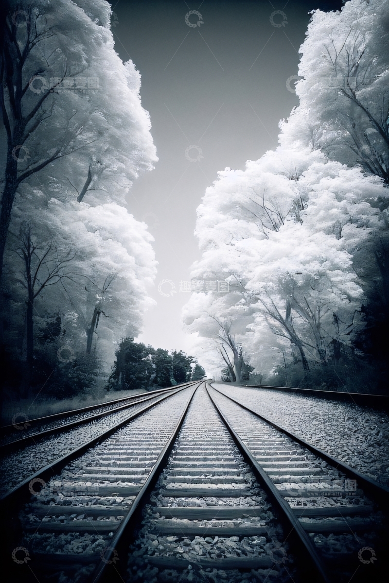 高清大图下载【趣麦麦图】黑白铁轨树林