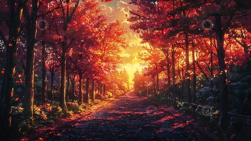 高清大图下载【趣麦麦图】红叶林道落日余晖