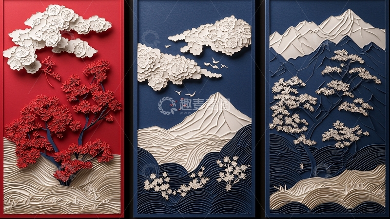 高清大图下载【趣麦麦图】日式浮雕山水画