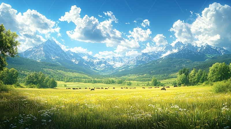 高清大图下载【趣麦麦图】阳光明媚的草原雪山风景