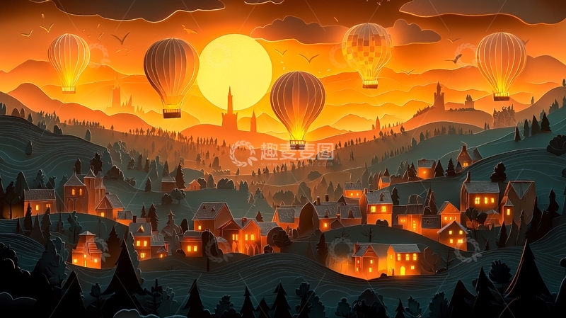 高清大图下载【趣麦麦图】日落热气球小镇风景