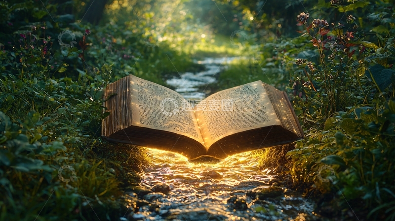 高清大图下载【趣麦麦图】森林小溪古书