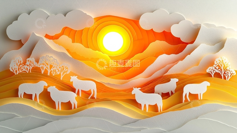 高清大图下载【趣麦麦图】夕阳下群羊剪纸画