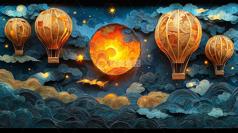 高清大图下载【趣麦麦图】夜空热气球剪纸画