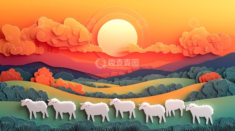 高清大图下载【趣麦麦图】夕阳下群羊剪纸画