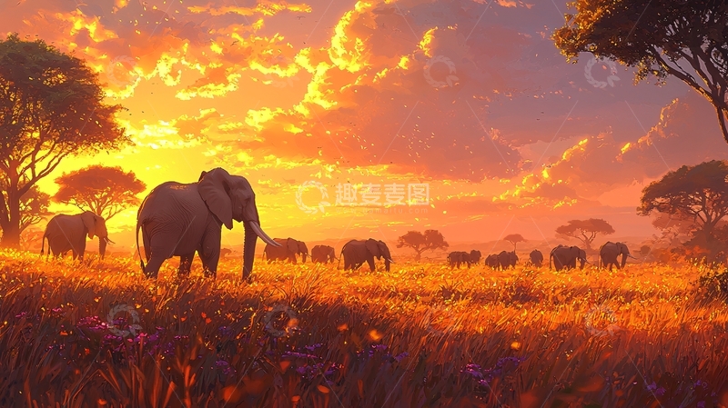 高清大图下载【趣麦麦图】非洲大草原日落象群
