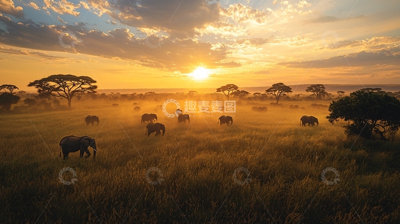 高清大图下载【趣麦麦图】非洲草原夕阳大象