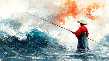 暴风雨中钓鱼的红衣男子