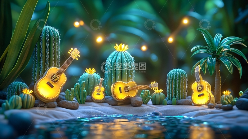 高清大图下载【趣麦麦图】仙人掌吉他夜景