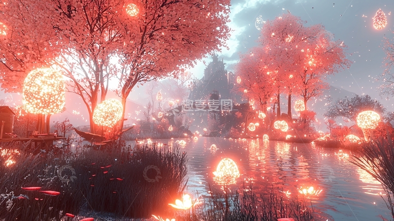 高清大图下载【趣麦麦图】梦幻红光森林