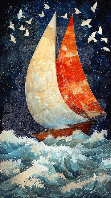 夜空中航行的红色帆船