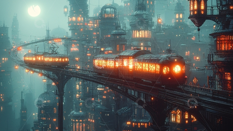 高清大图下载【趣麦麦图】蒸汽朋克城市列车
