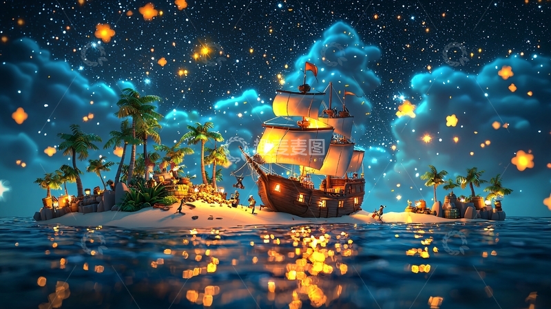 高清大图下载【趣麦麦图】星空下的海岛宝船