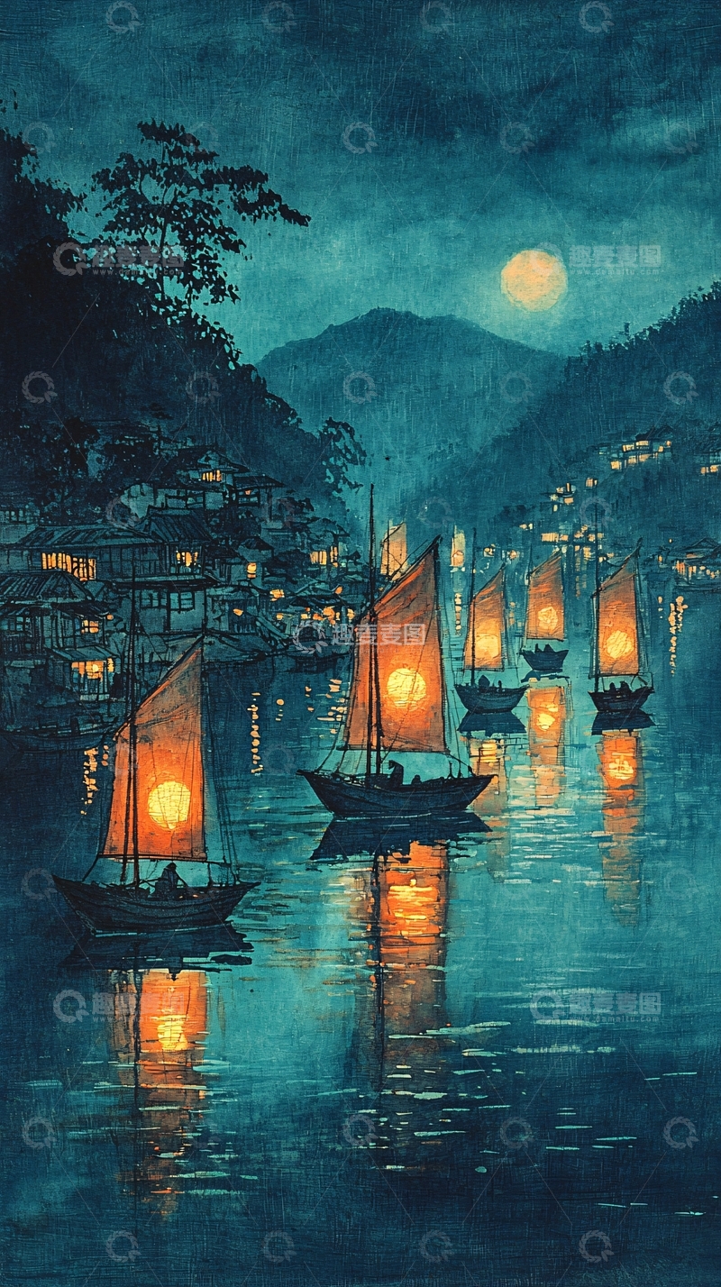 高清大图下载【趣麦麦图】夜色朦胧山间船只