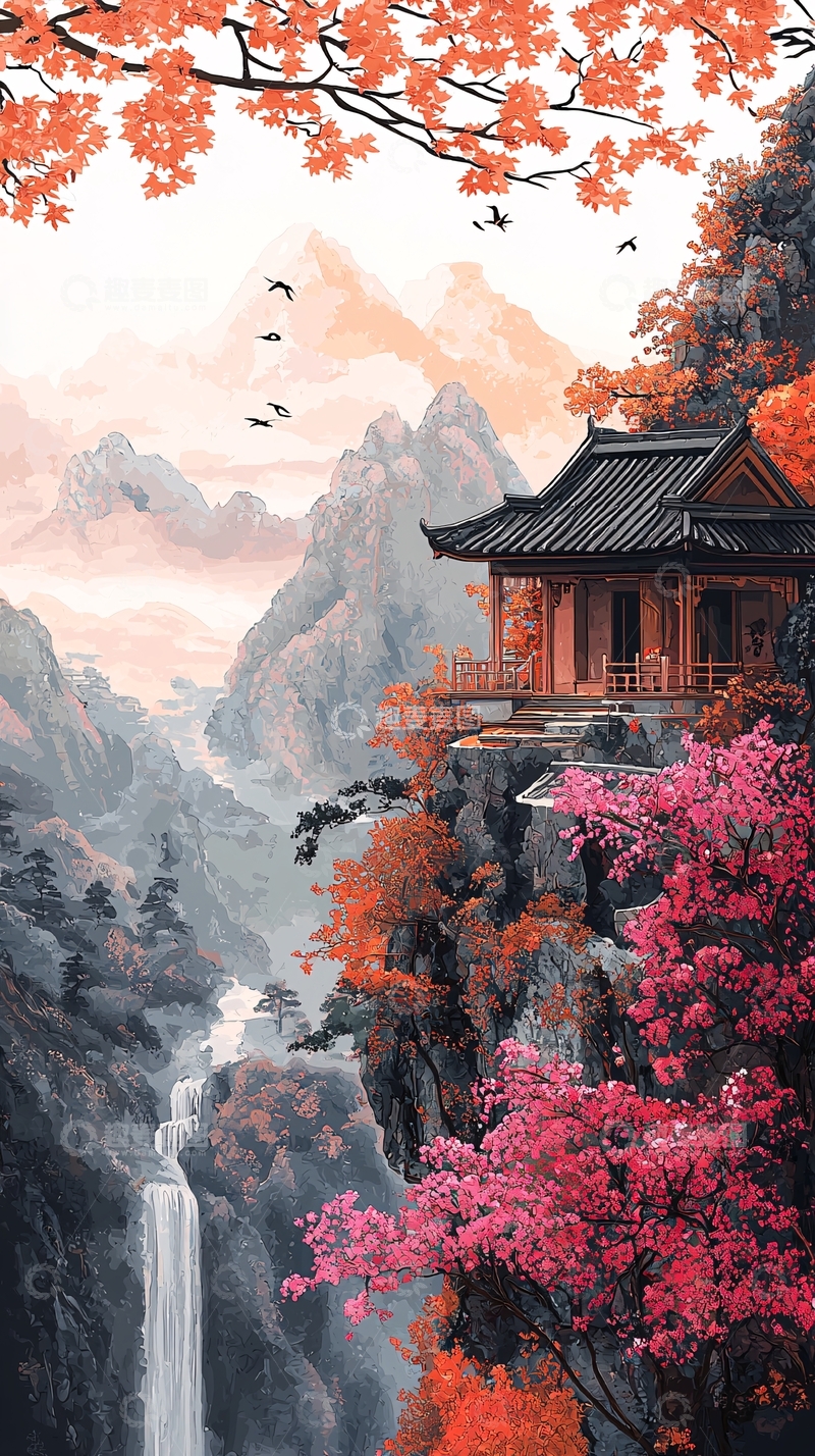 高清大图下载【趣麦麦图】山崖边上的日式小屋