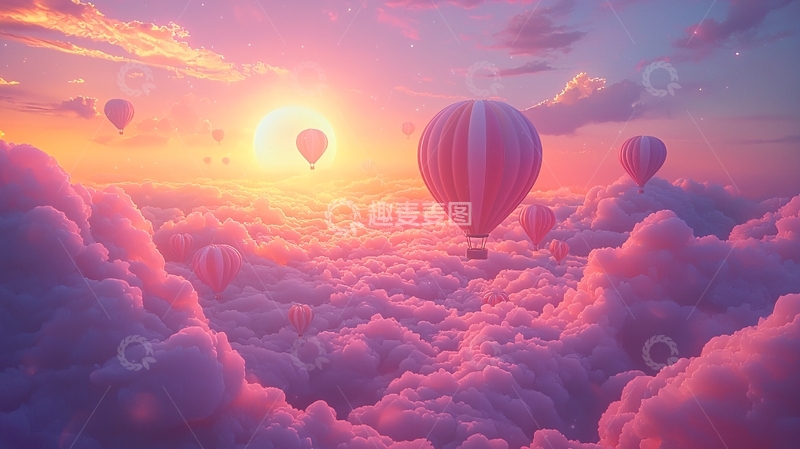 高清大图下载【趣麦麦图】粉色云朵热气球日落