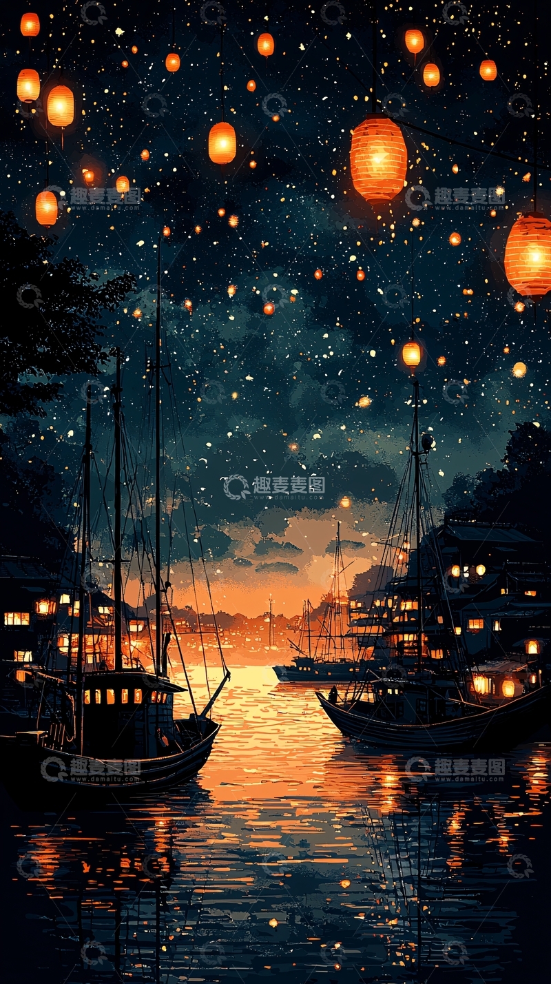 高清大图下载【趣麦麦图】夜空飞舞的河灯与古镇