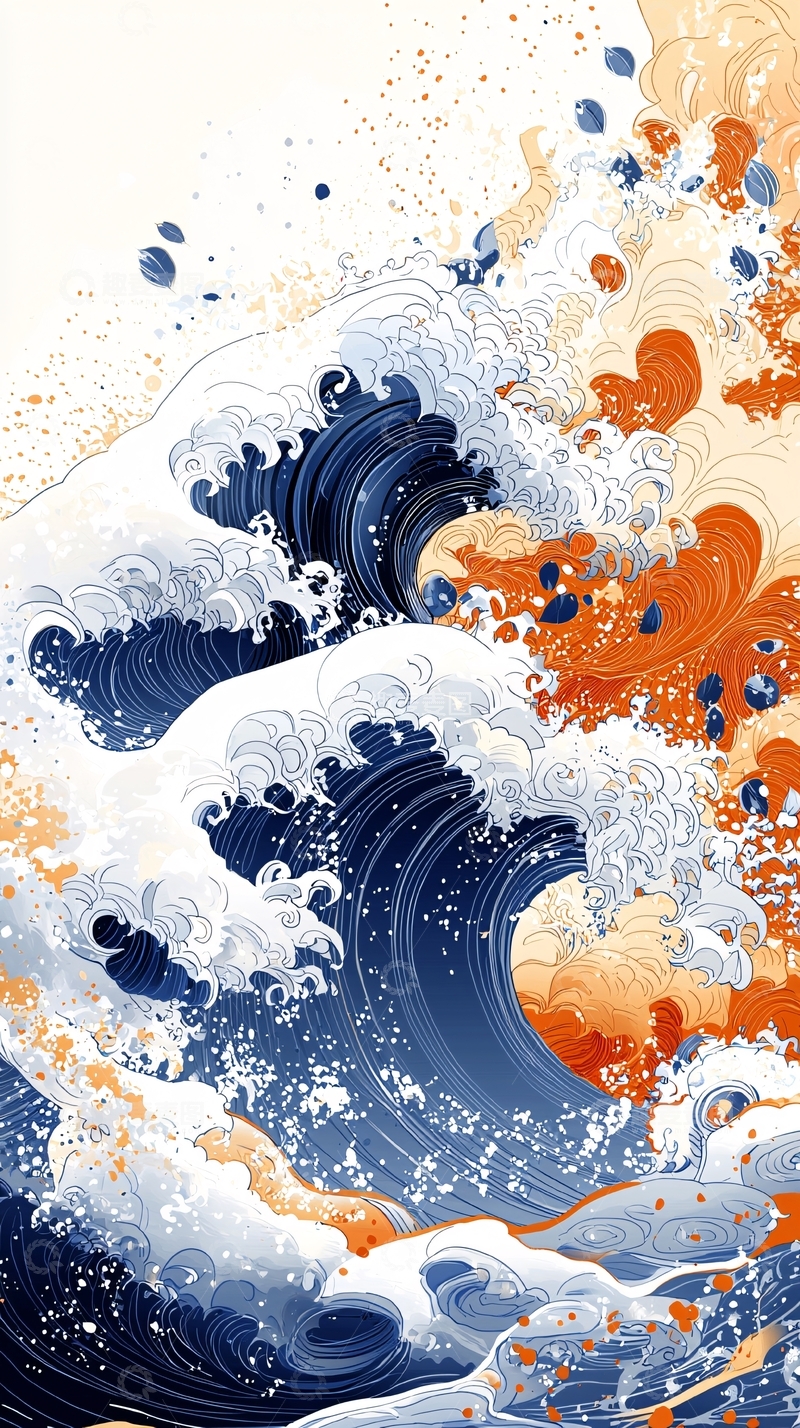 高清大图下载【趣麦麦图】蓝色橙色巨浪