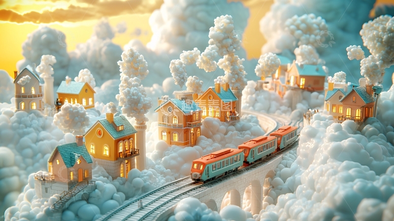 高清大图下载【趣麦麦图】云朵小镇火车
