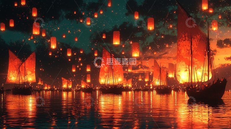 高清大图下载【趣麦麦图】夜空飞舞的红灯笼与帆船