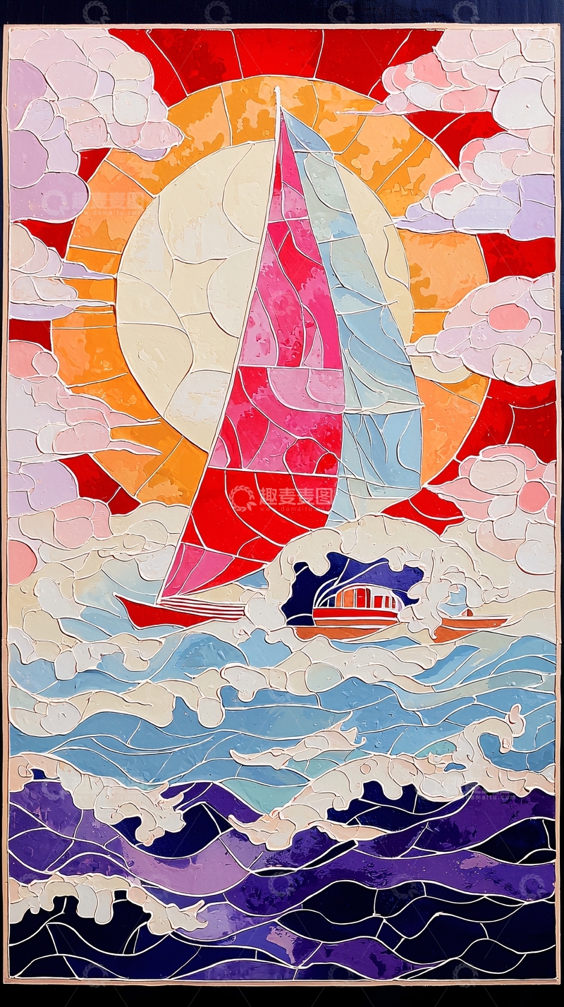 高清大图下载【趣麦麦图】日出航海拼贴画风格