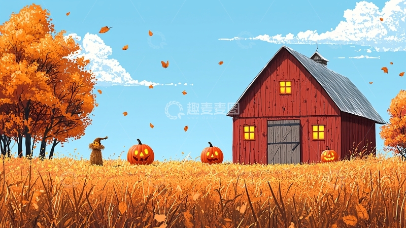 高清大图下载【趣麦麦图】秋日农场红屋南瓜田