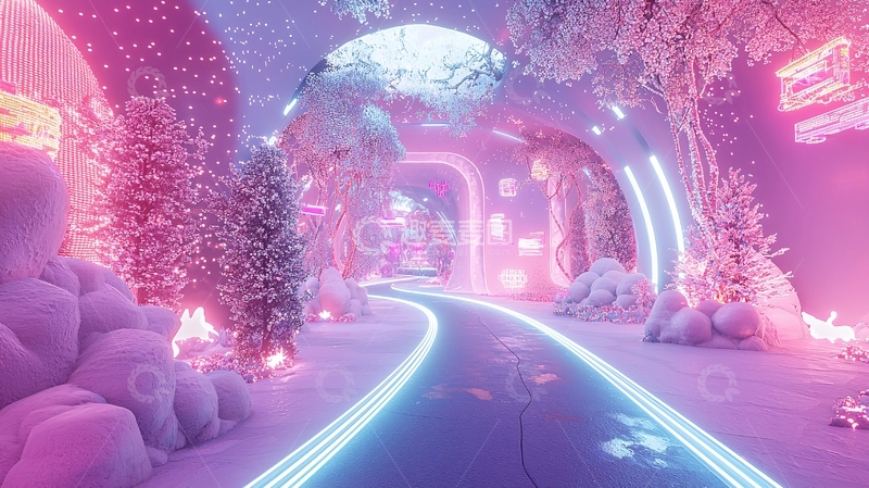 高清大图下载【趣麦麦图】梦幻粉色霓虹灯隧道