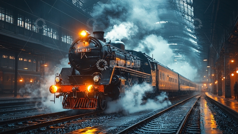 高清大图下载【趣麦麦图】蒸汽火车夜景
