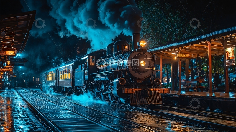 高清大图下载【趣麦麦图】夜幕下的蒸汽火车