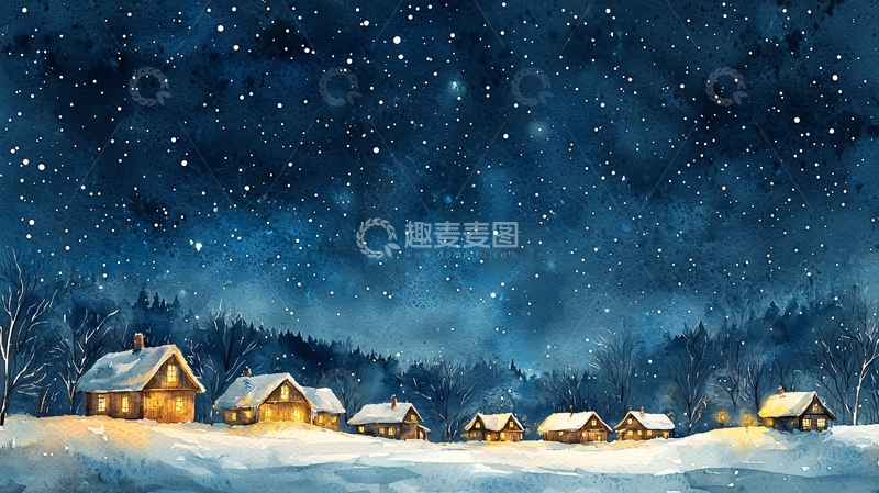 高清大图下载【趣麦麦图】水彩星空下的雪夜小屋