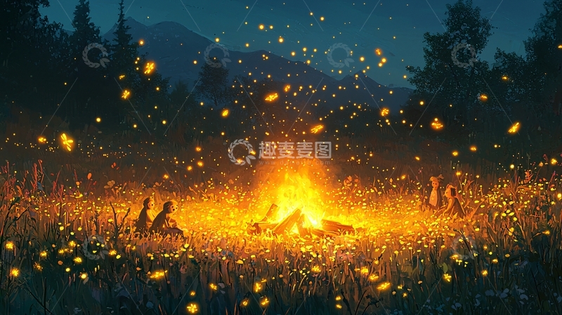 高清大图下载【趣麦麦图】篝火晚会萤火虫