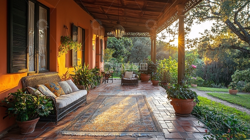 高清大图下载【趣麦麦图】夕阳西下庭院长廊