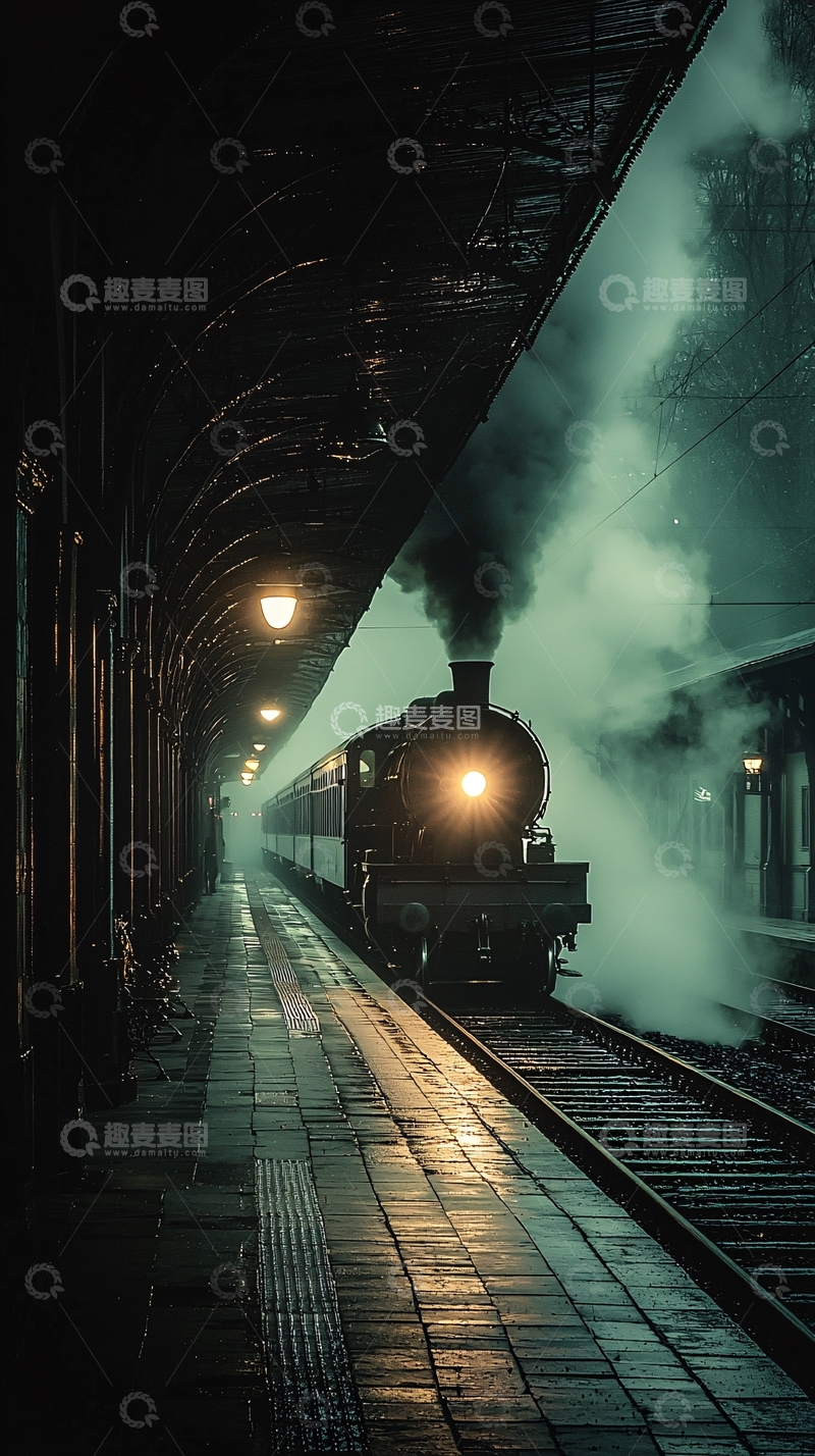 高清大图下载【趣麦麦图】蒸汽火车站台夜景