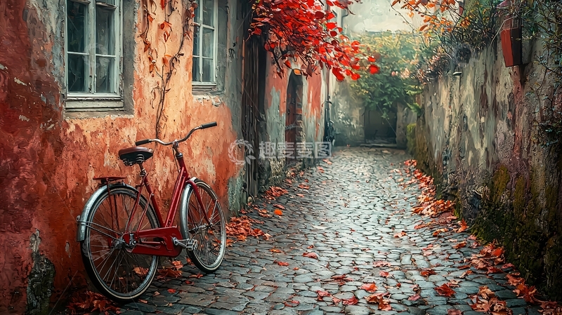 高清大图下载【趣麦麦图】秋日红墙老街自行车